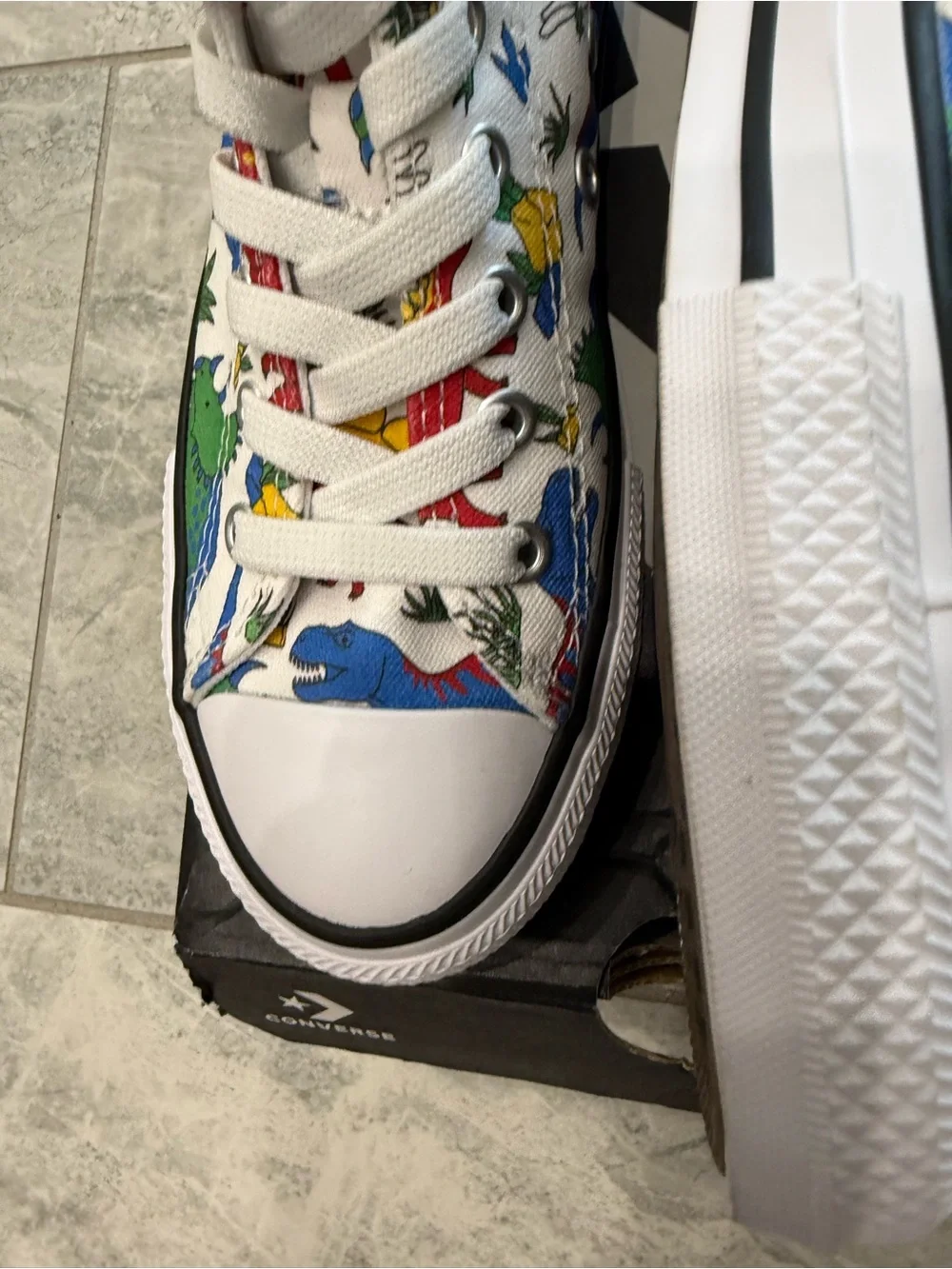 New boys Converse Sz 2 High Top Shoes White with Red, Blue Dino Print